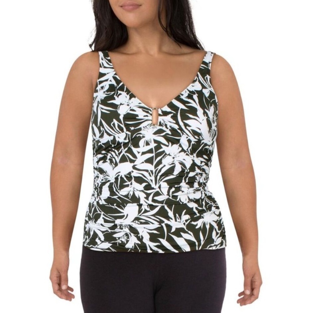 NWT Lauren Ralph Lauren Floral Shirred Ring Front Tankini Top Swim Green Sz 6